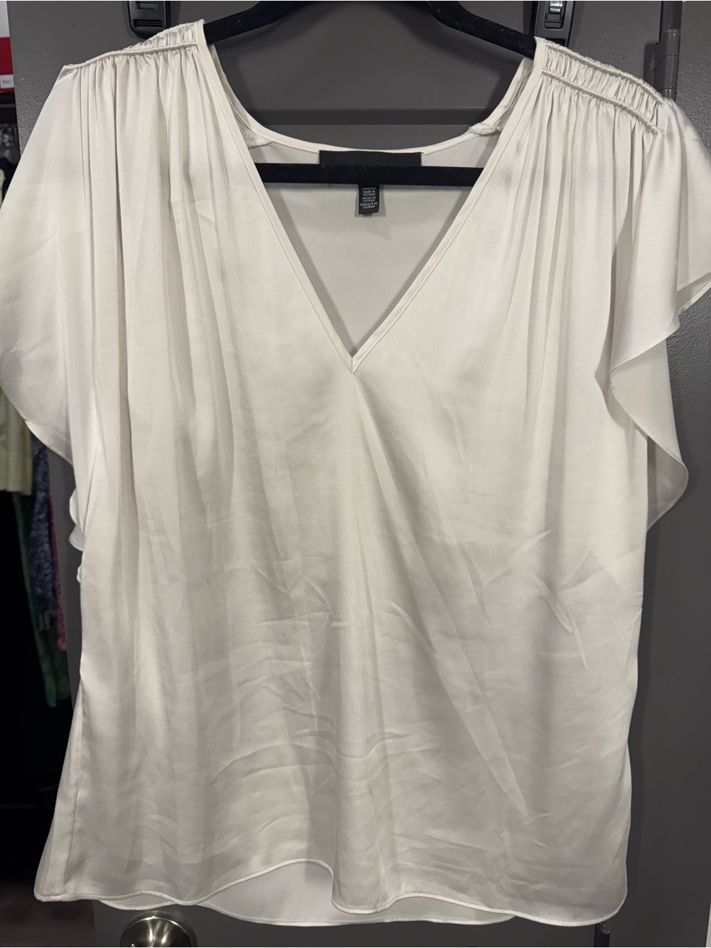 White House Black Market White V-Neck Flutter Sleeve Blouse